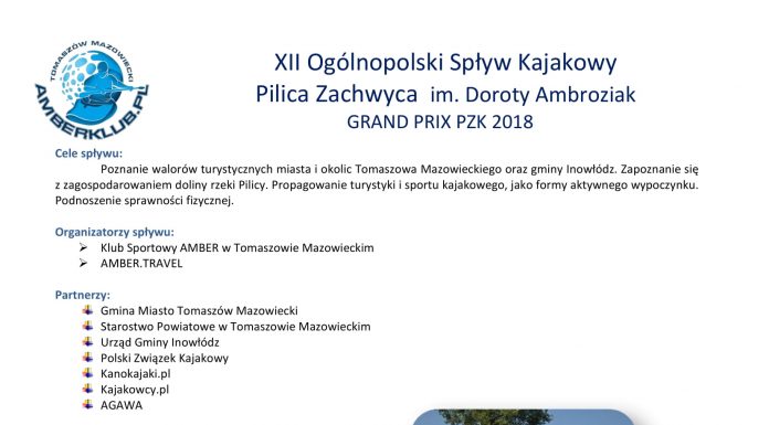 XII Ogólnopolski Spływ Kajakowy Pilica Zachwyca im. Doroty Ambroziak GRAND PRIX PZK 2018